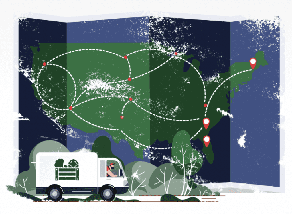 An illustration of a truck showcasing "Where We Grow" with a map of the United States.