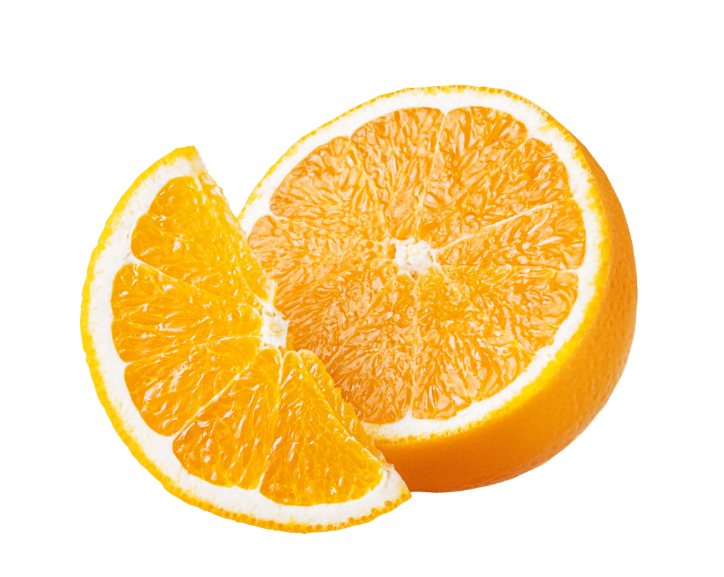 A halved orange with a single slice leaning against it, showcasing its vibrant orange flesh and textured peel, is the perfect inspiration for a landing page designed with Elementor.