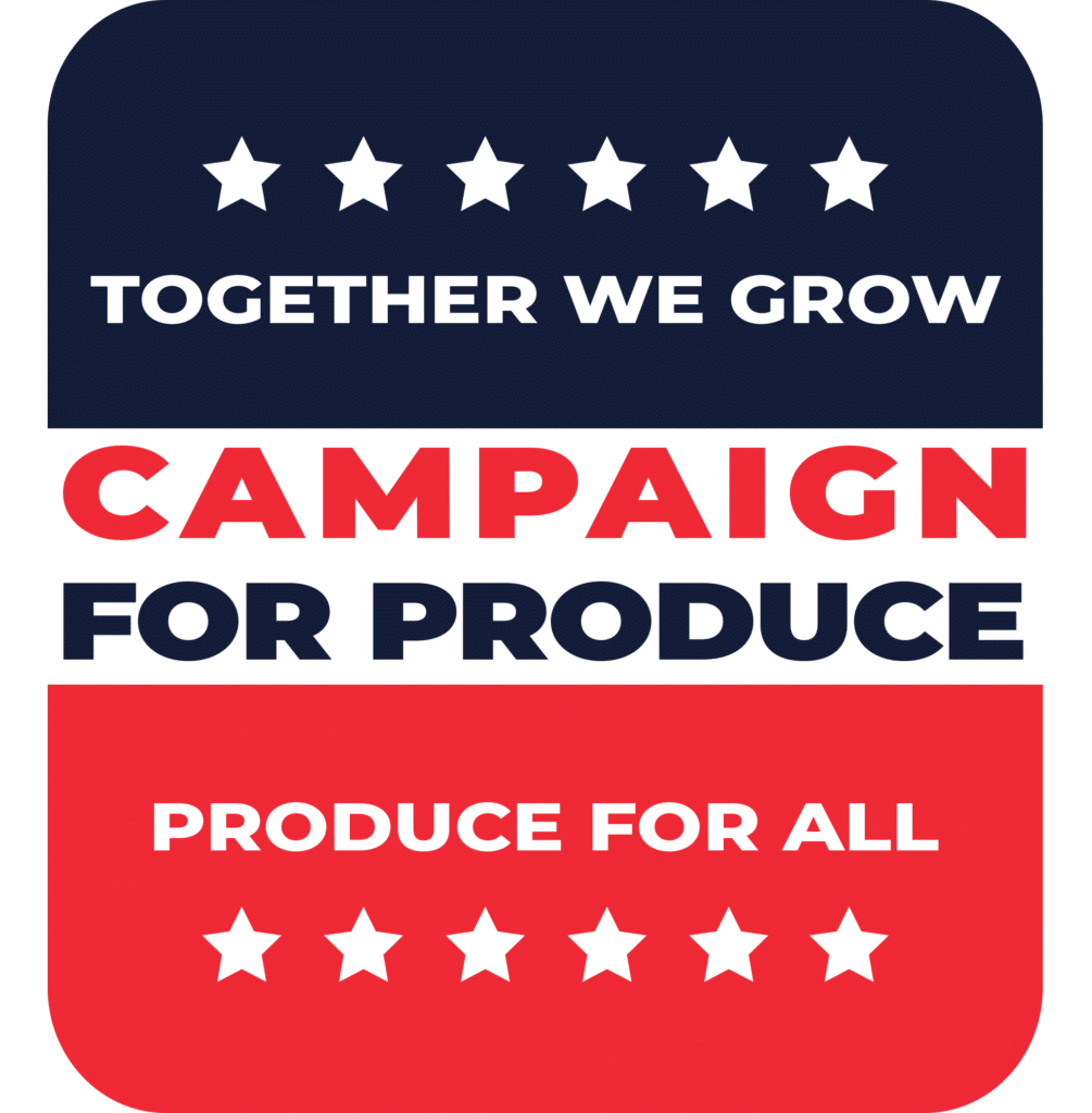 A graphic featuring the text "Together We Grow Campaign for Produce: Produce for All" with stars above and below, spotlighting Smith’s Farm's commitment to community at the Global Produce & Floral Show.