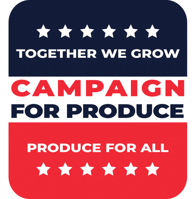 Graphic with a navy and red background, featuring the phrases "Together We Grow," "Campaign for Produce," and "Produce for All," adorned with stars. Perfectly designed for your Elementor landing page, it captures the essence of unity and accessibility in produce campaigns.