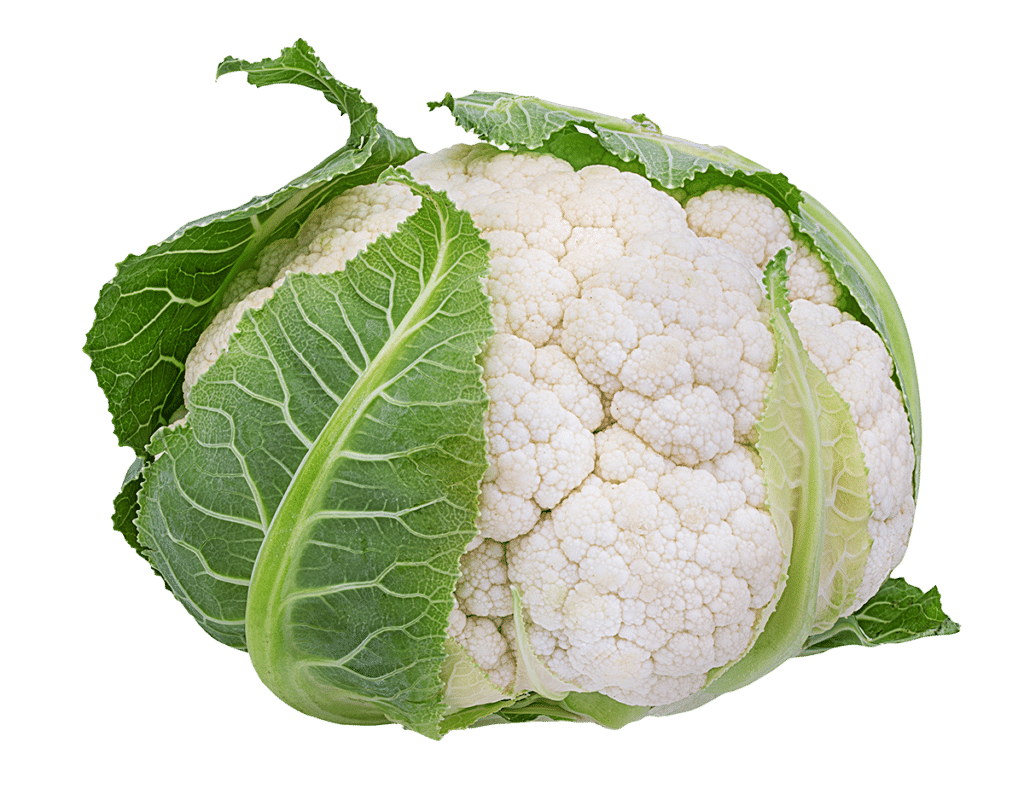 A whole cauliflower with green leaves surrounding the white florets, perfect for adding a fresh touch to your Elementor landing page design.