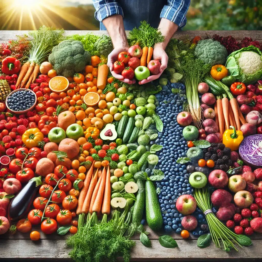 A person holds assorted fruits and vegetables over a table filled with a colorful variety of produce, including apples, carrots, berries, and greens. The vibrant display resembles an artist's perfectly designed landing page, each item amplifying the rainbow pattern.